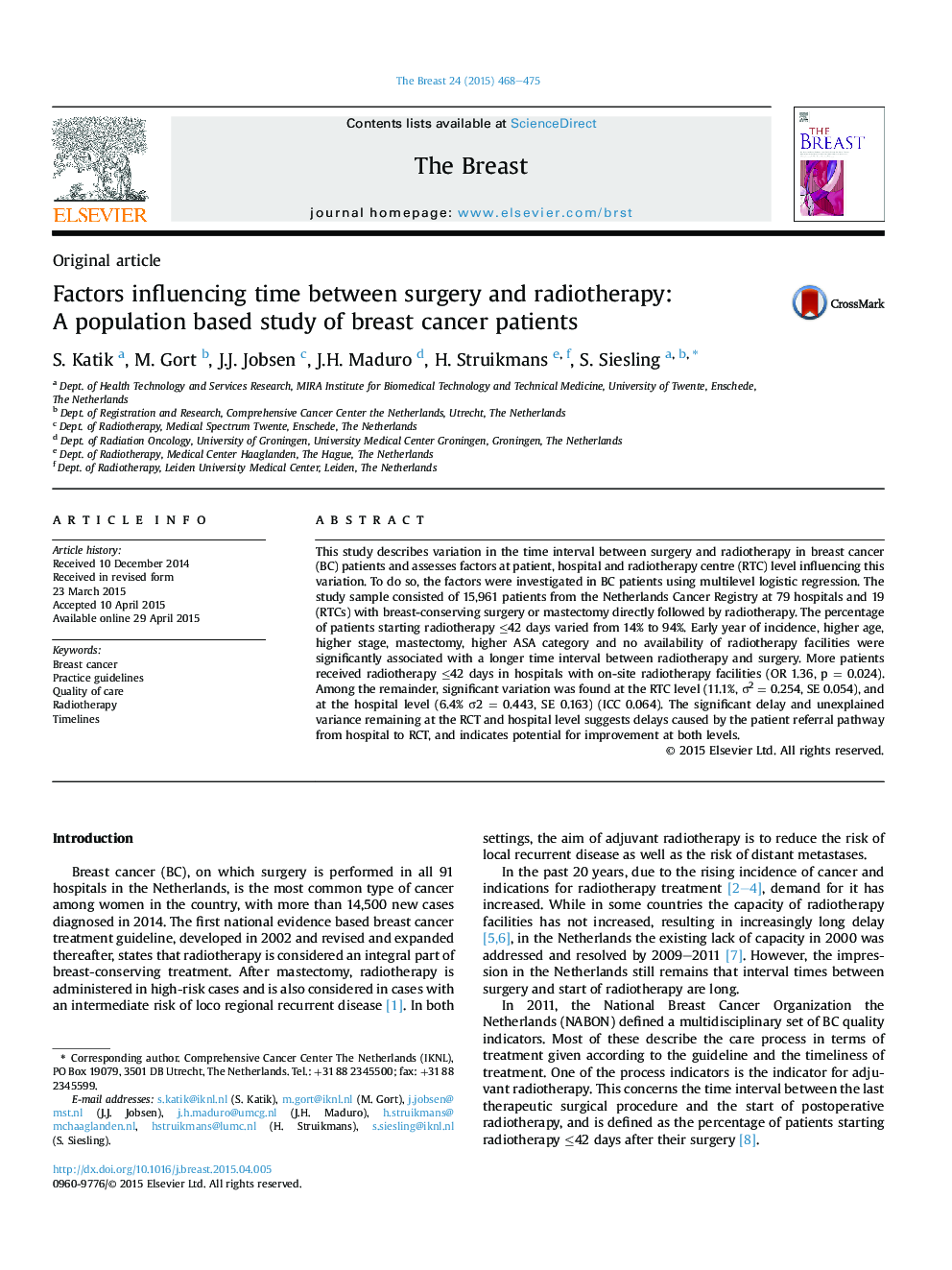 عوامل موثر بر زمان بین جراحی و پرتودرمانی: یک مطالعه مبتنی بر جمعیت مبتلا به سرطان پستان 
