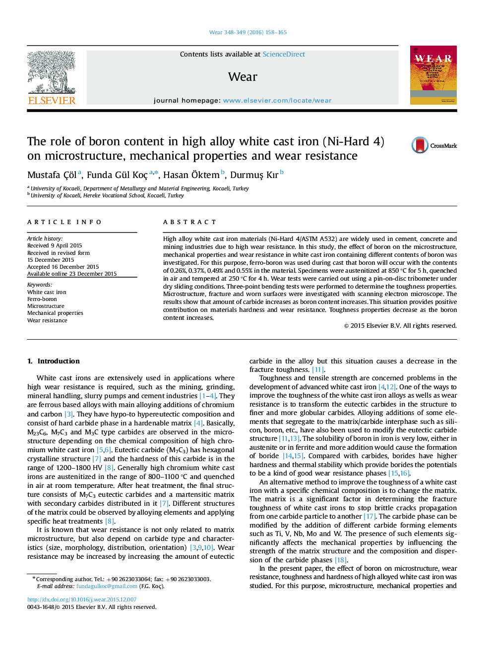 The role of boron content in high alloy white cast iron (Ni-Hard 4) on microstructure, mechanical properties and wear resistance