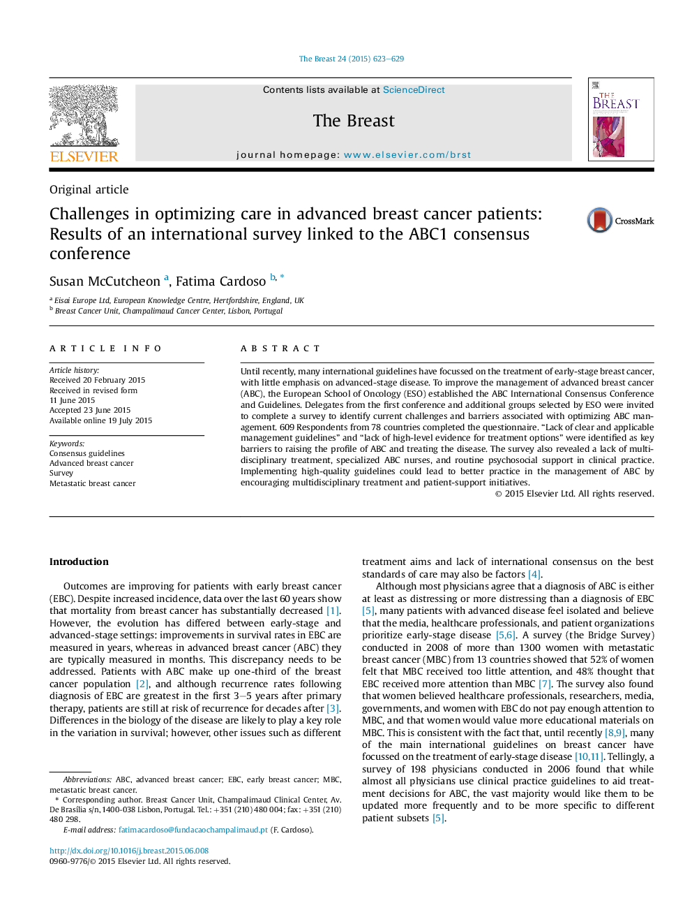 Challenges in optimizing care in advanced breast cancer patients: Results of an international survey linked to the ABC1 consensus conference