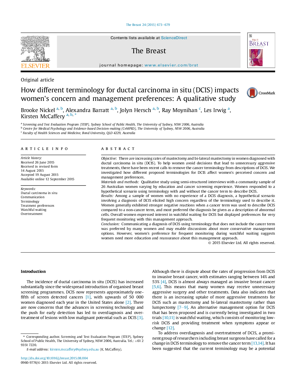 Original articleHow different terminology for ductal carcinoma in situ (DCIS) impacts women's concern and management preferences: A qualitative study