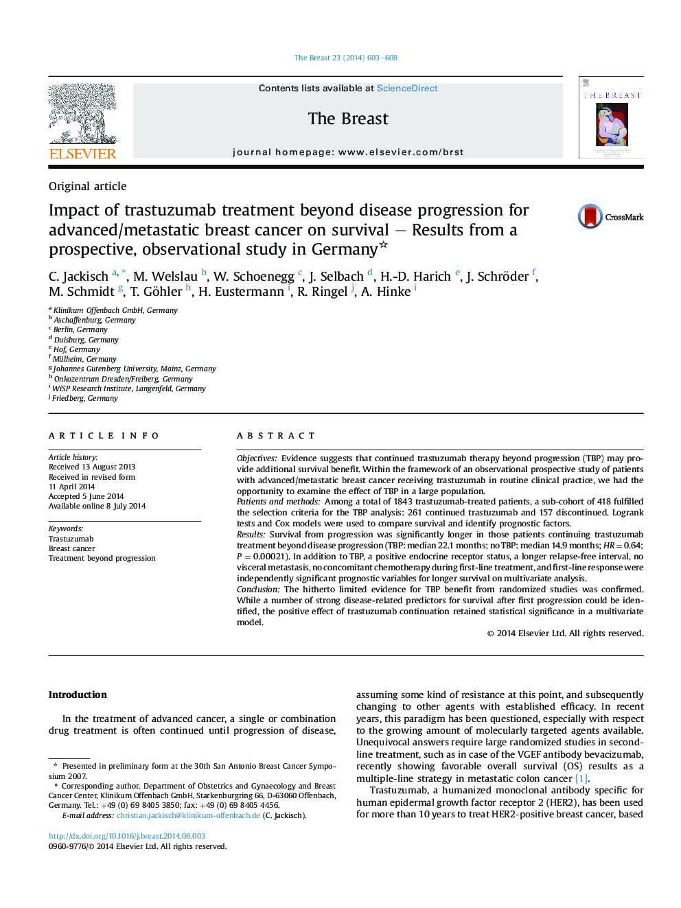 Original articleImpact of trastuzumab treatment beyond disease progression for advanced/metastatic breast cancer on survival - Results from a prospective, observational study in Germany