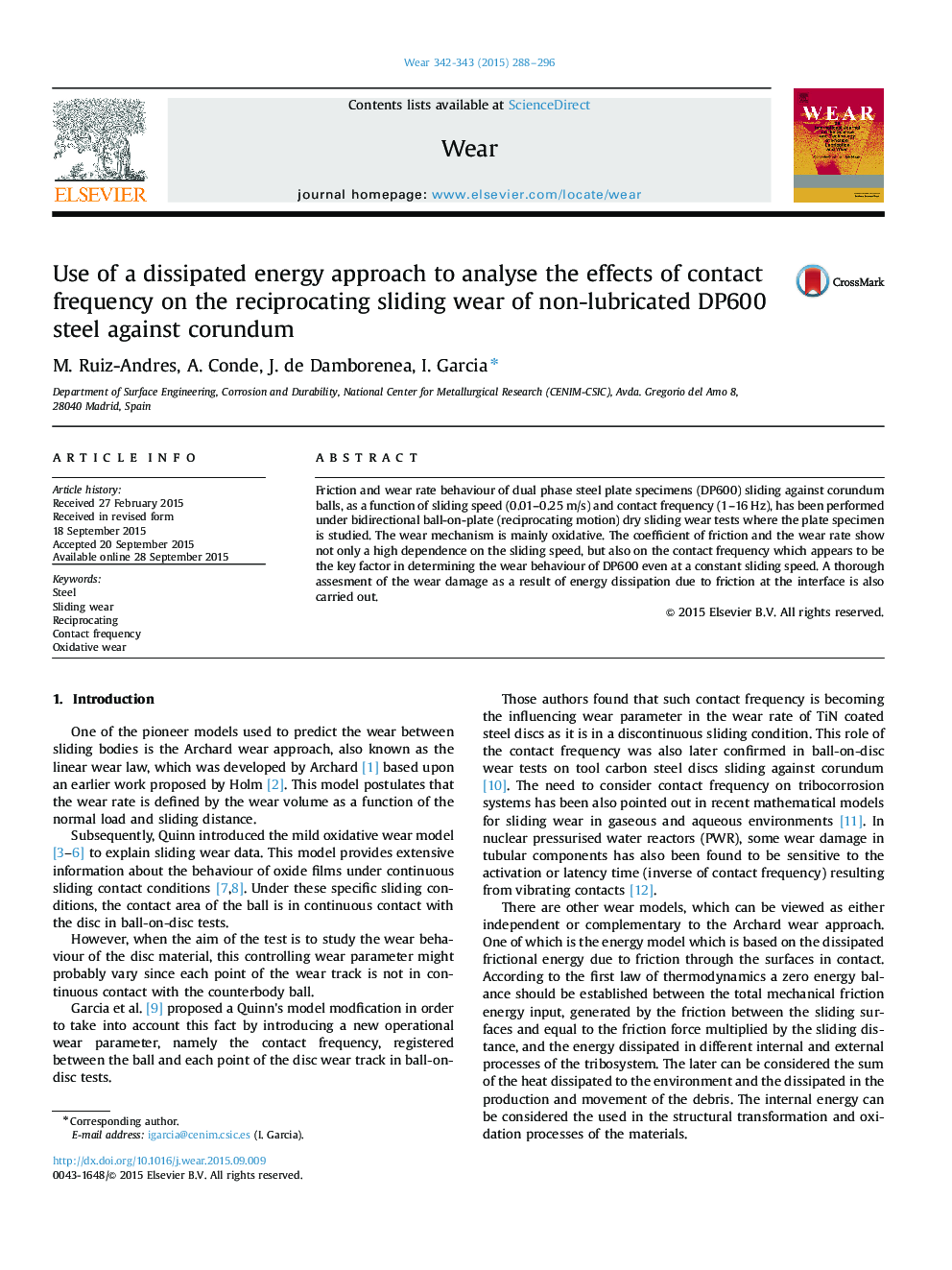 Use of a dissipated energy approach to analyse the effects of contact frequency on the reciprocating sliding wear of non-lubricated DP600 steel against corundum