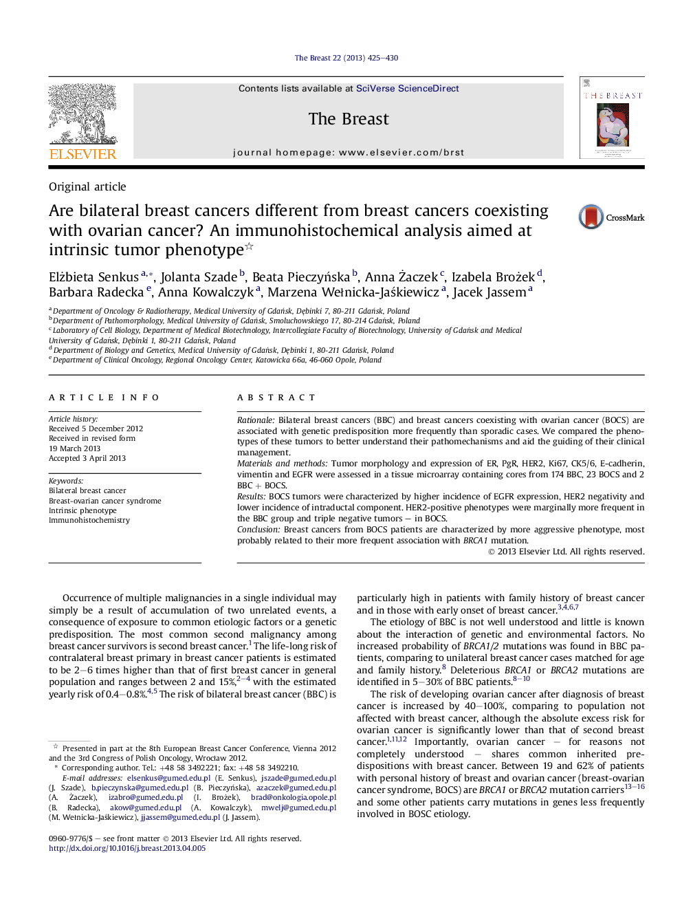 Are bilateral breast cancers different from breast cancers coexisting with ovarian cancer? An immunohistochemical analysis aimed at intrinsic tumor phenotype