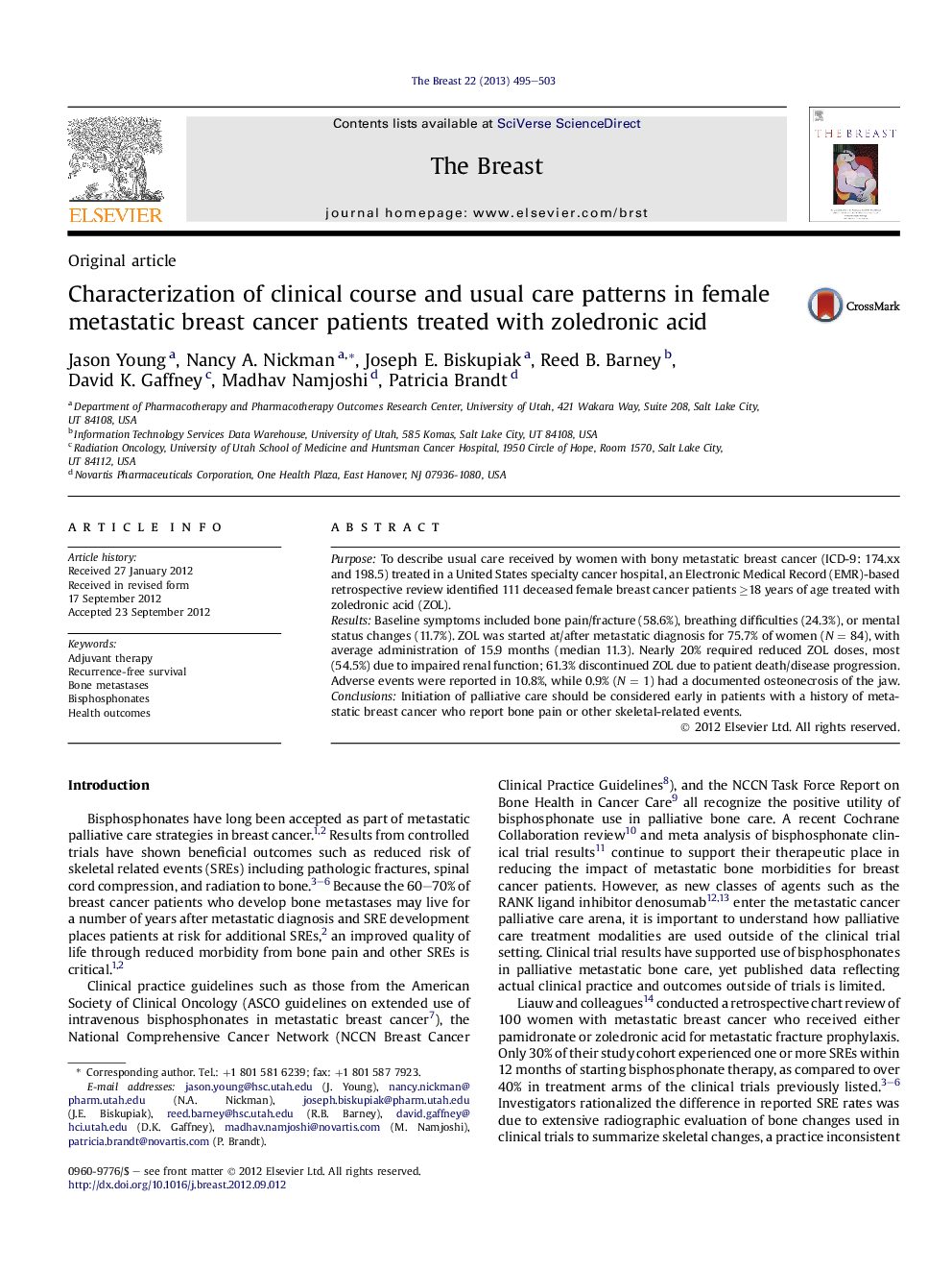 Characterization of clinical course and usual care patterns in female metastatic breast cancer patients treated with zoledronic acid