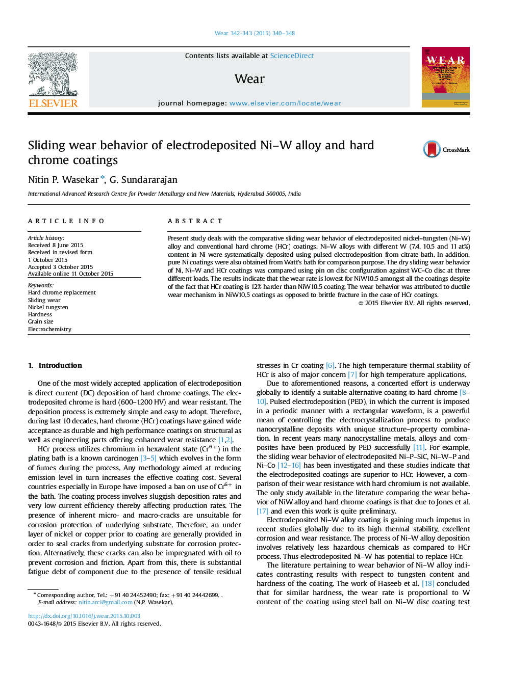 عکس صفحه اول مقاله: Sliding wear behavior of electrodeposited Ni-W alloy and hard chrome coatings Sliding wear behavior of electrodeposited Ni-W alloy and hard chrome coatings