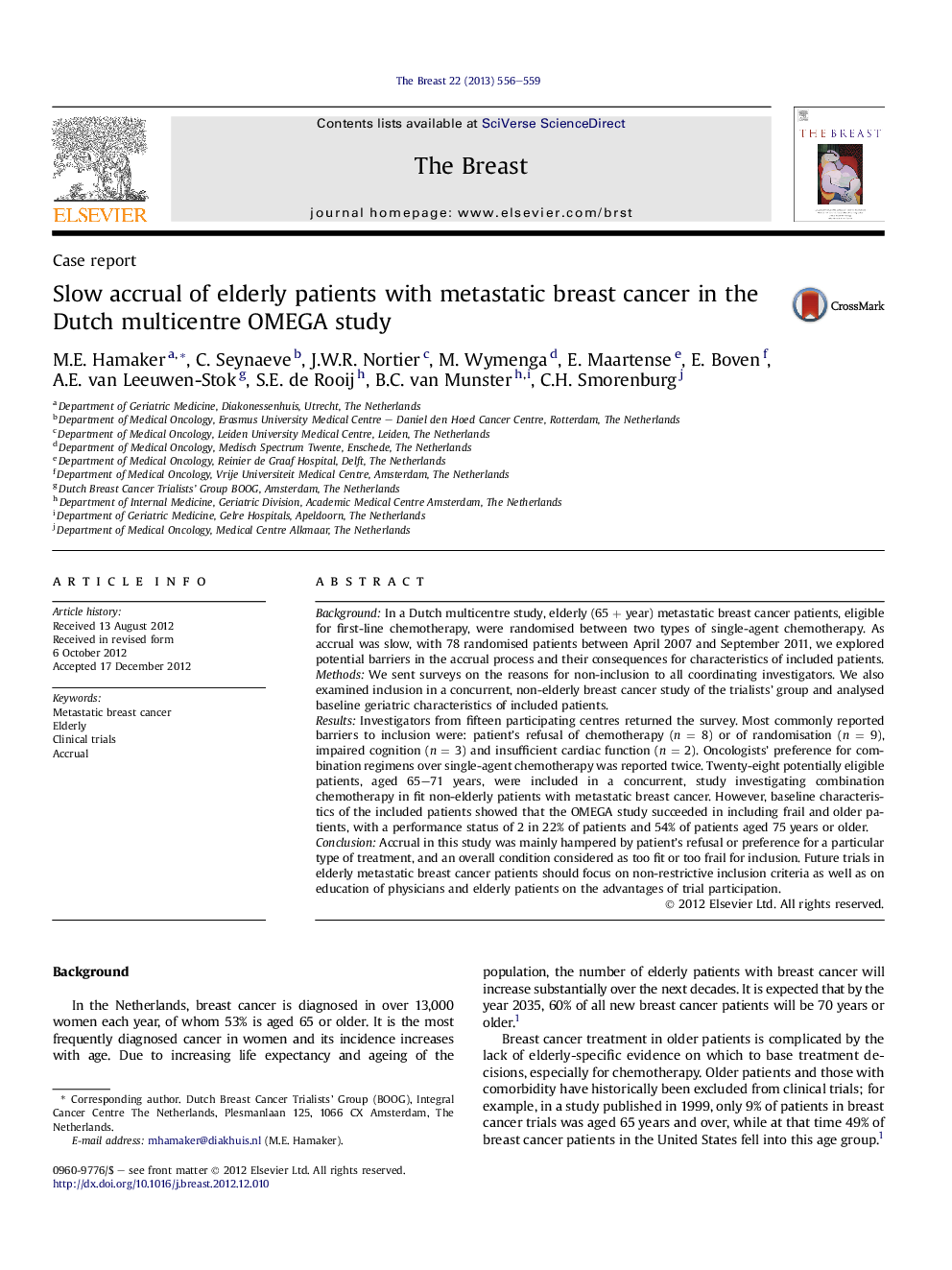 Slow accrual of elderly patients with metastatic breast cancer in the Dutch multicentre OMEGA study