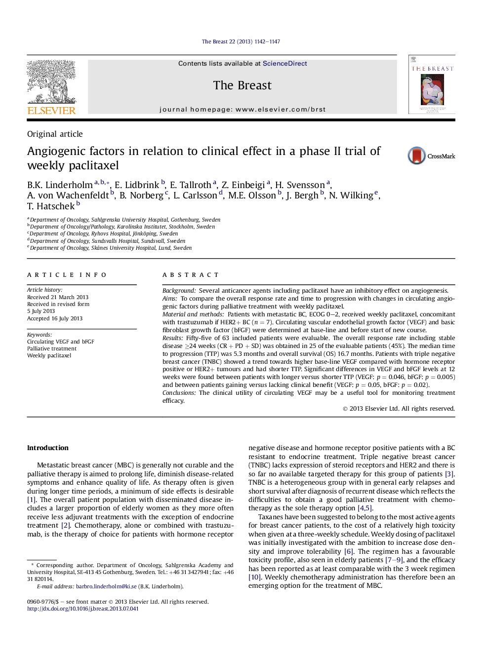 Angiogenic factors in relation to clinical effect in a phase II trial of weekly paclitaxel