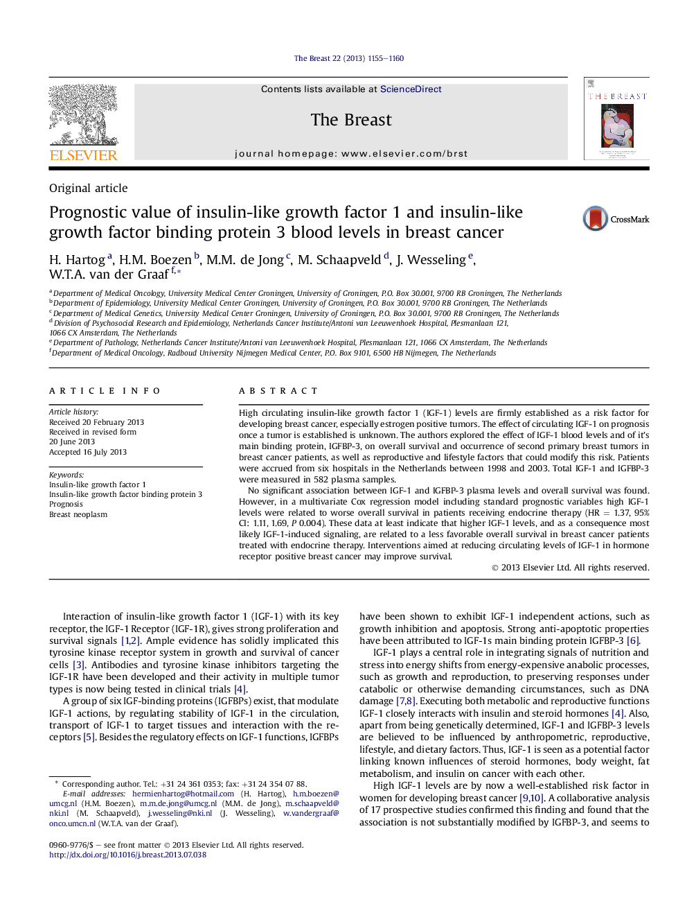 Prognostic value of insulin-like growth factor 1 and insulin-like growth factor binding protein 3 blood levels in breast cancer