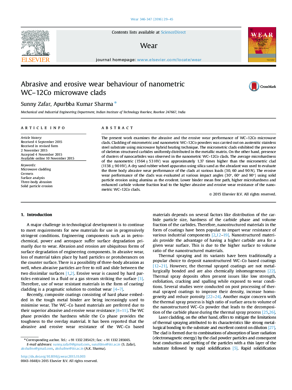 Abrasive and erosive wear behaviour of nanometric WC-12Co microwave clads