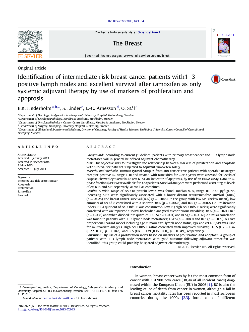 Identification of intermediate risk breast cancer patients with1-3 positive lymph nodes and excellent survival after tamoxifen as only systemic adjuvant therapy by use of markers of proliferation and apoptosis