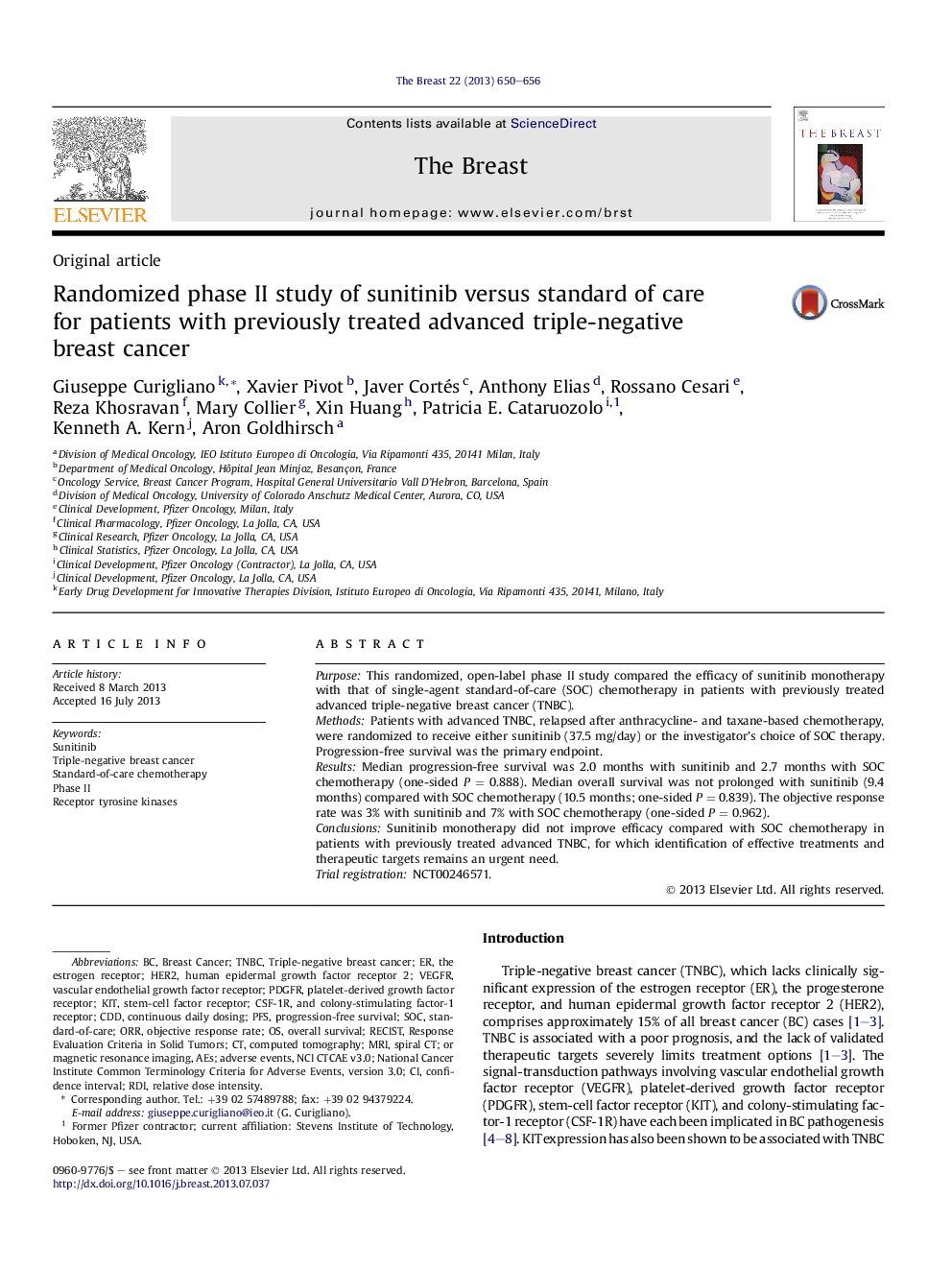 عکس صفحه اول مقاله: Randomized phase II study of sunitinib versus standard of care for patients with previously treated advanced triple-negative breast cancer Randomized phase II study of sunitinib versus standard of care for patients with previously treated advanced triple-negative breast cancer