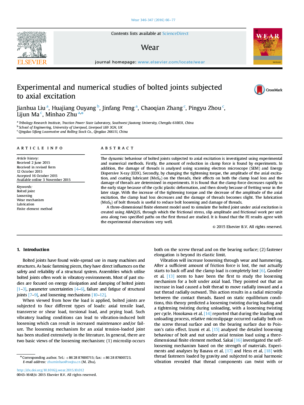 Experimental and numerical studies of bolted joints subjected to axial excitation