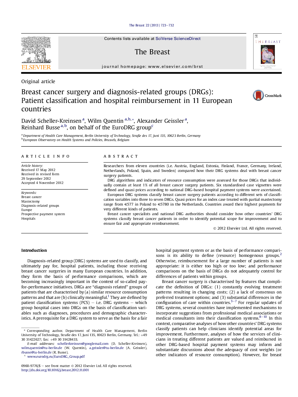 Breast cancer surgery and diagnosis-related groups (DRGs): Patient classification and hospital reimbursement in 11 European countries