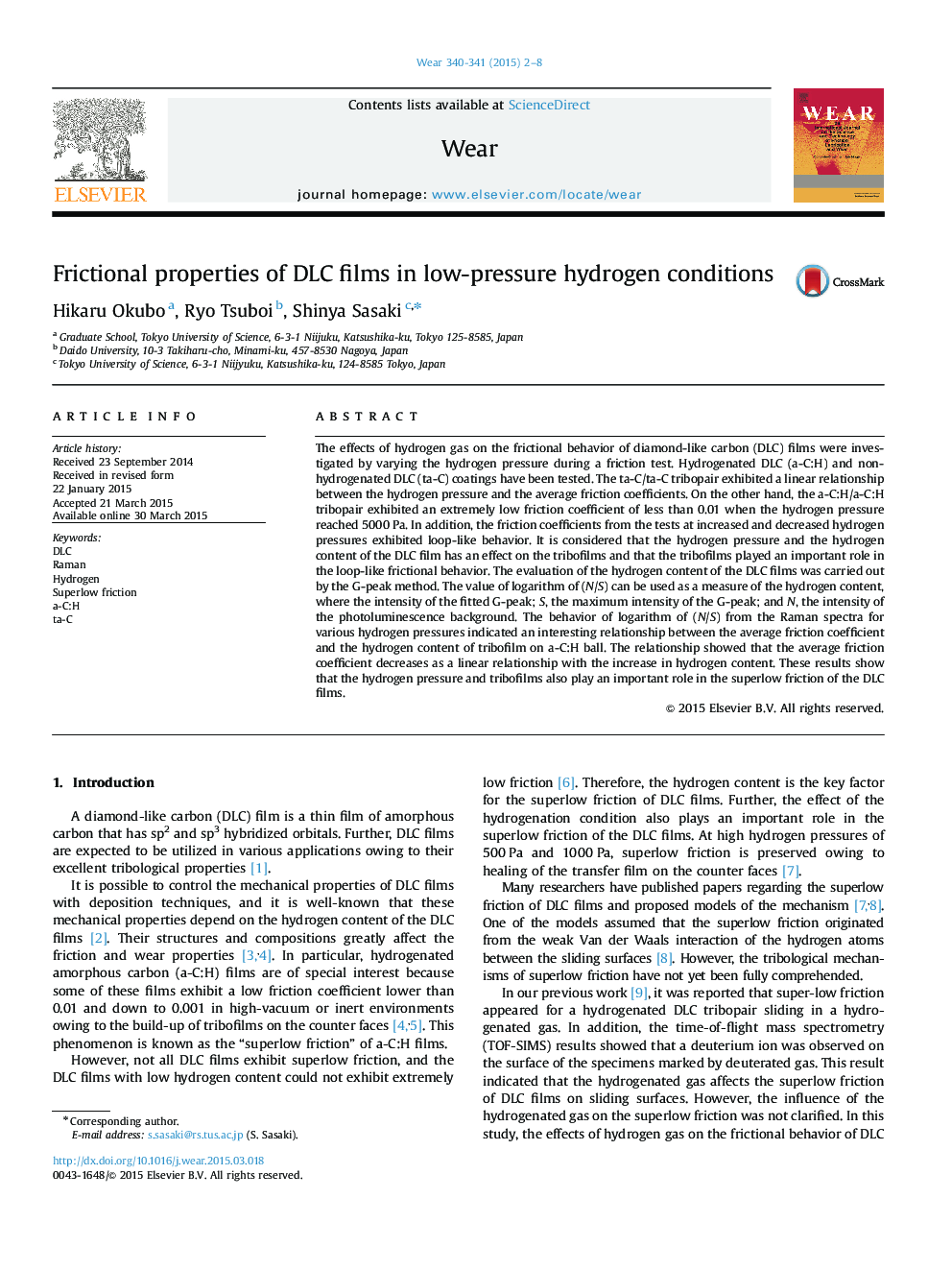 Frictional properties of DLC films in low-pressure hydrogen conditions