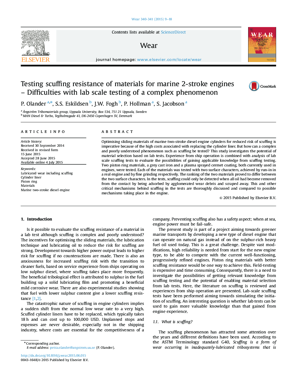 Testing scuffing resistance of materials for marine 2-stroke engines – Difficulties with lab scale testing of a complex phenomenon