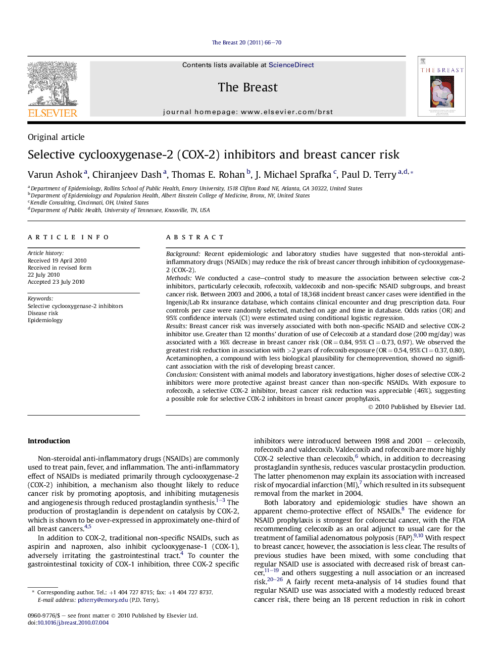 Selective cyclooxygenase-2 (COX-2) inhibitors and breast cancer risk