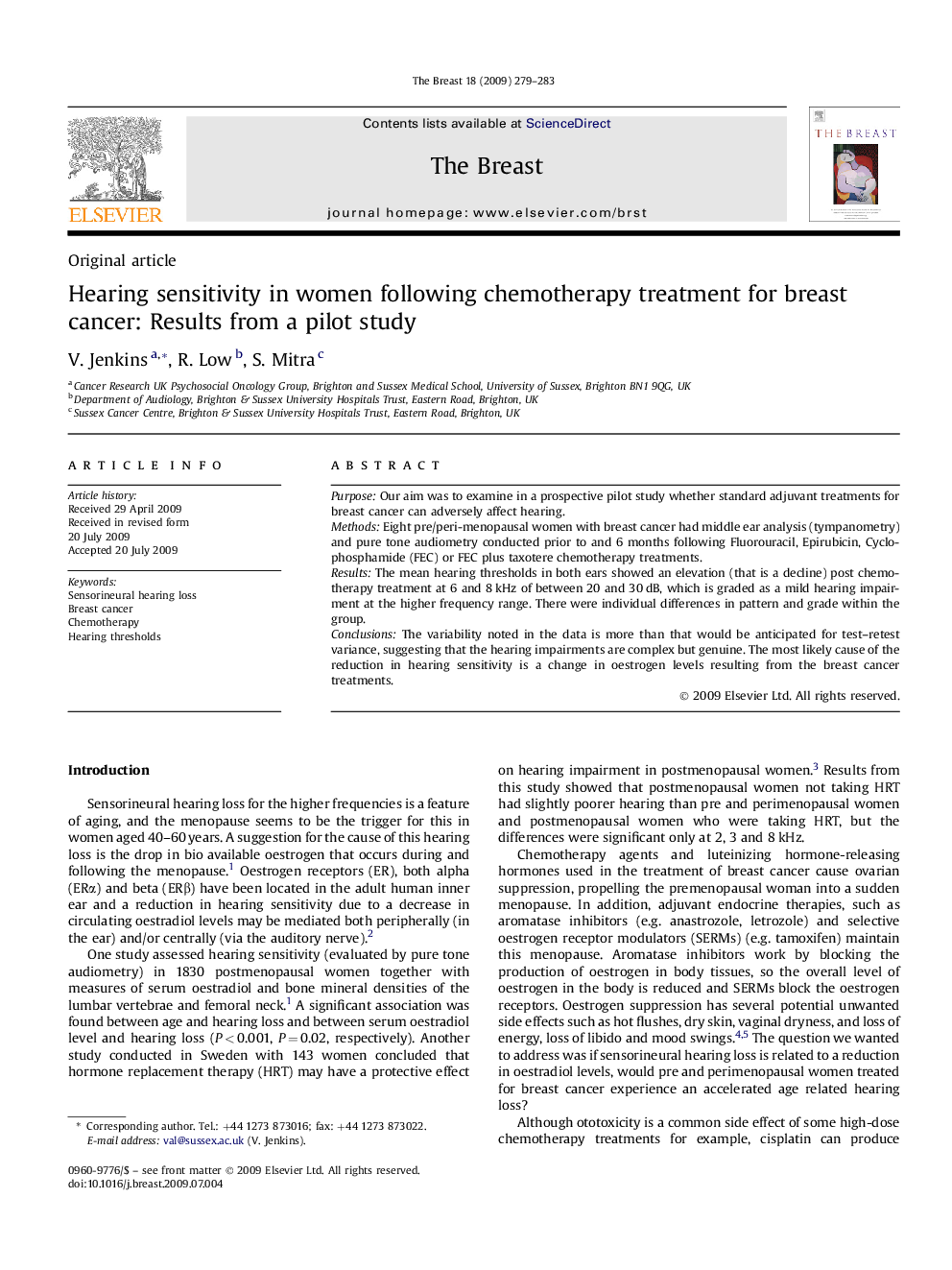 Hearing sensitivity in women following chemotherapy treatment for breast cancer: Results from a pilot study