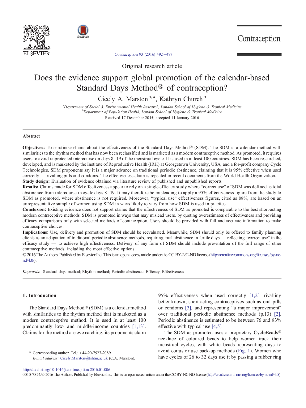 Does the evidence support global promotion of the calendar-based Standard Days Method® of contraception?