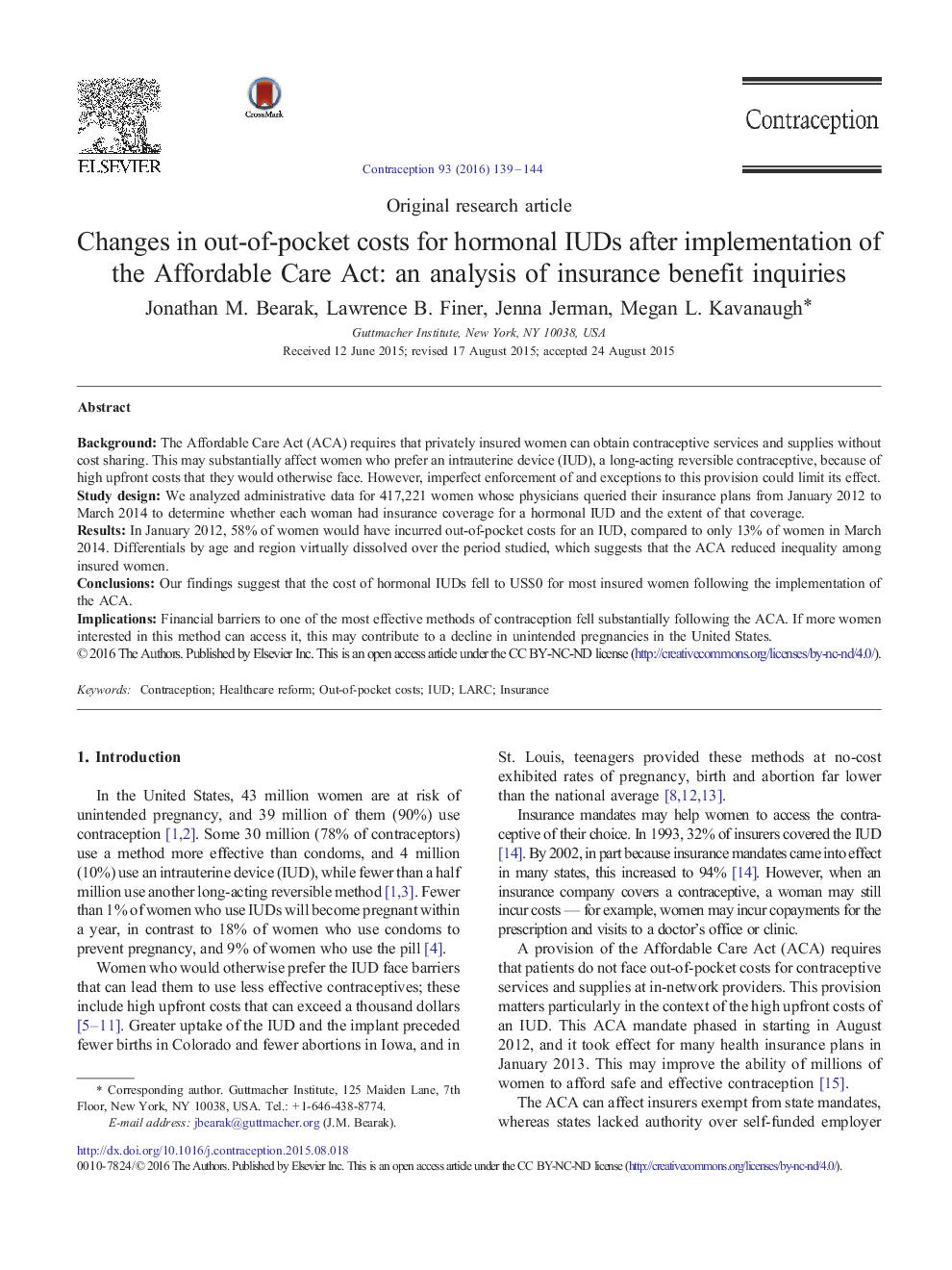 Changes in out-of-pocket costs for hormonal IUDs after implementation of the Affordable Care Act: an analysis of insurance benefit inquiries