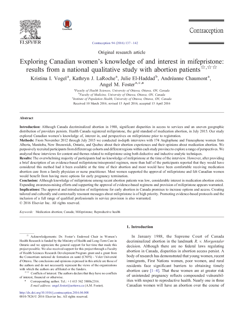 Exploring Canadian women's knowledge of and interest in mifepristone: results from a national qualitative study with abortion patients