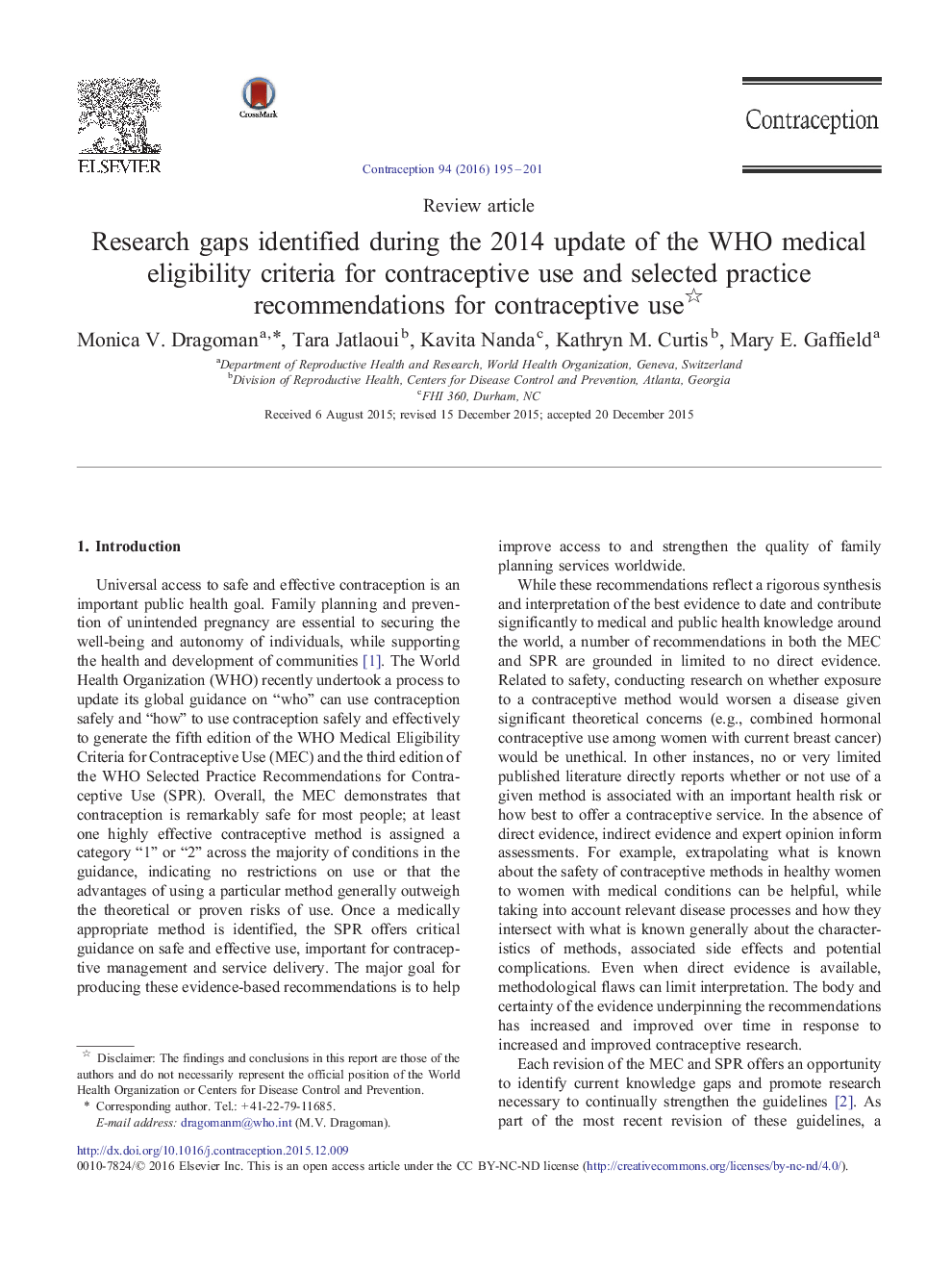 Research gaps identified during the 2014 update of the WHO medical eligibility criteria for contraceptive use and selected practice recommendations for contraceptive use