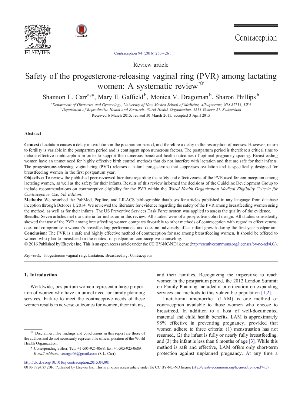 Safety of the progesterone-releasing vaginal ring (PVR) among lactating women: A systematic review