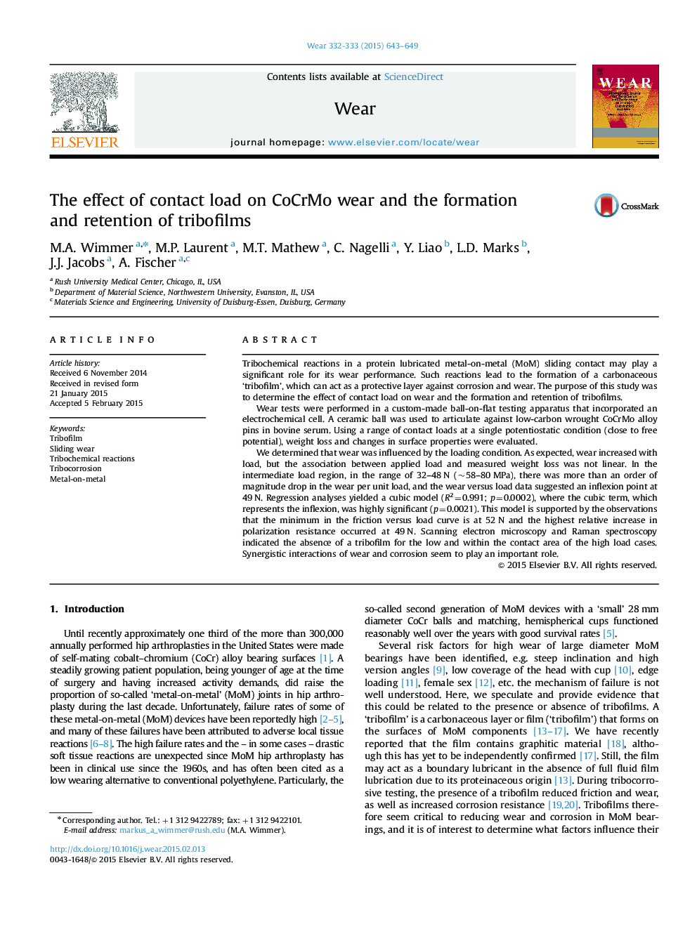 The effect of contact load on CoCrMo wear and the formation and retention of tribofilms