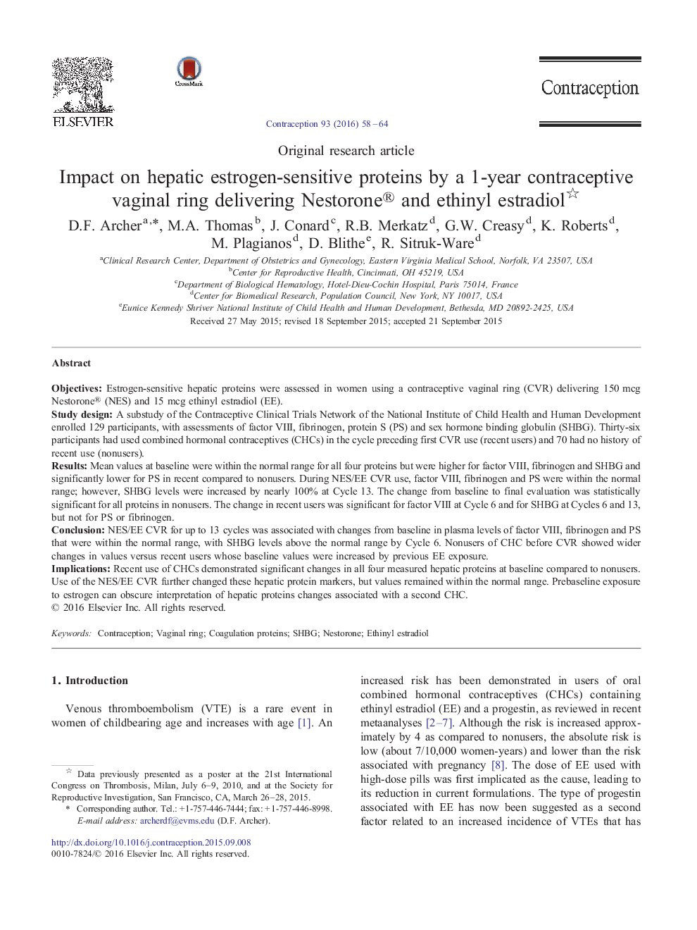 Impact on hepatic estrogen-sensitive proteins by a 1-year contraceptive vaginal ring delivering Nestorone® and ethinyl estradiol