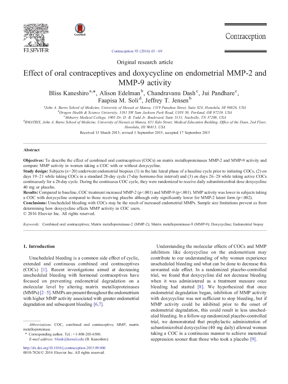 Effect of oral contraceptives and doxycycline on endometrial MMP-2 and MMP-9 activity