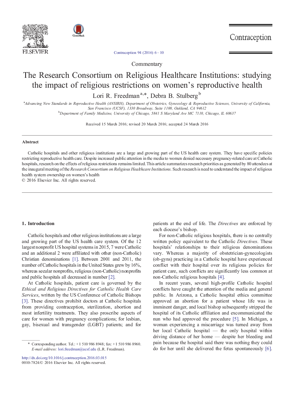 The Research Consortium on Religious Healthcare Institutions: studying the impact of religious restrictions on women's reproductive health