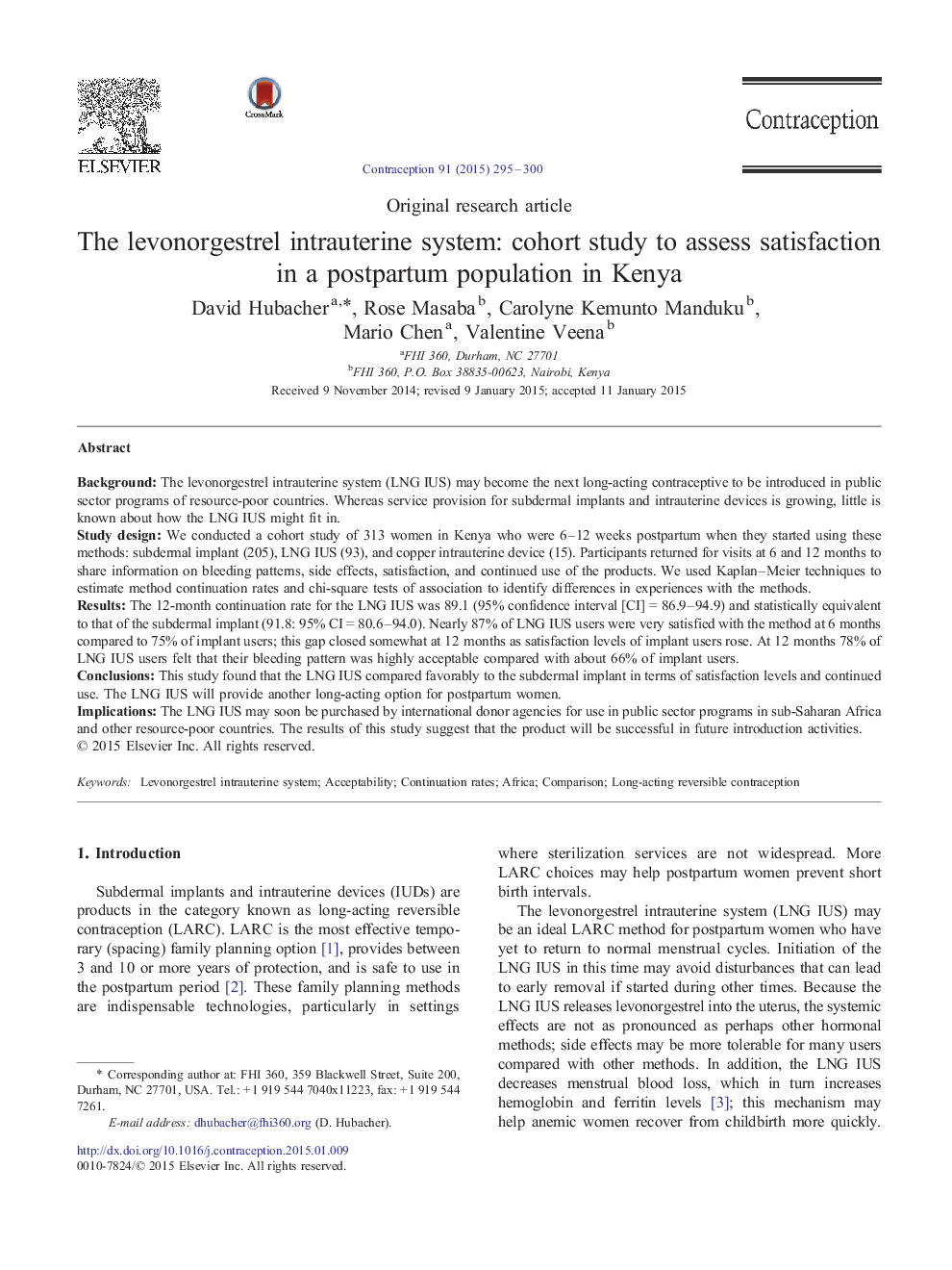 The levonorgestrel intrauterine system: cohort study to assess satisfaction in a postpartum population in Kenya