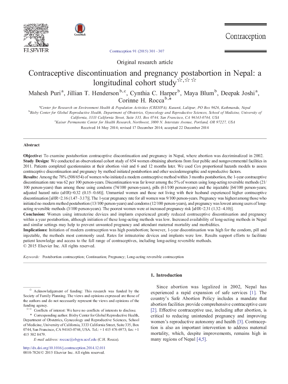 Contraceptive discontinuation and pregnancy postabortion in Nepal: a longitudinal cohort study