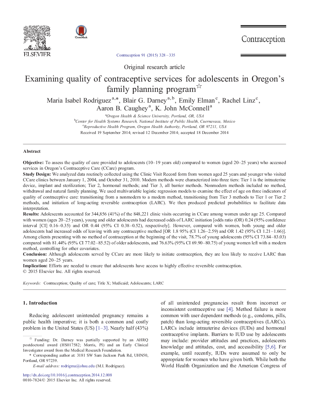 Examining quality of contraceptive services for adolescents in Oregon's family planning program