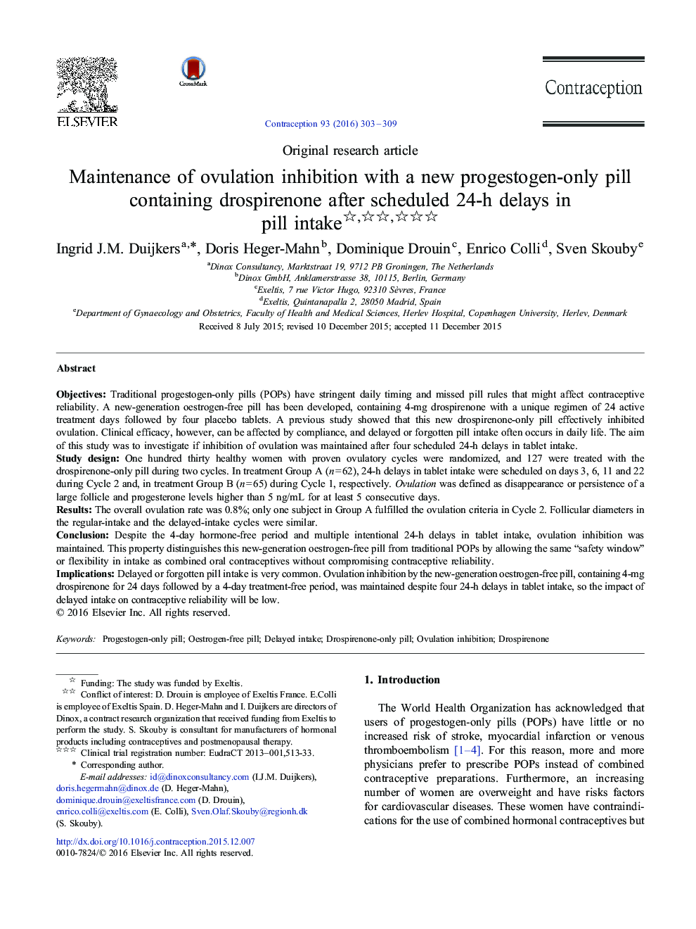 Original research articleMaintenance of ovulation inhibition with a new progestogen-only pill containing drospirenone after scheduled 24-h delays in pill intake