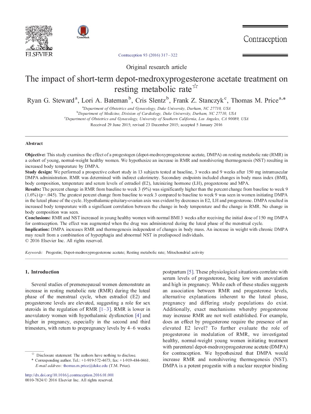 The impact of short-term depot-medroxyprogesterone acetate treatment on resting metabolic rate