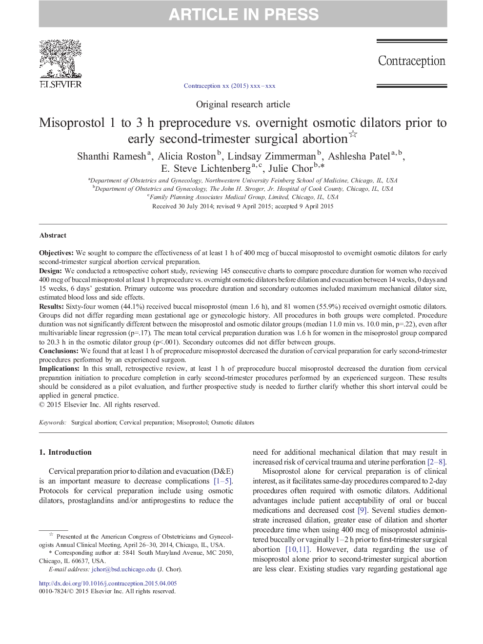 Misoprostol 1 to 3 h preprocedure vs. overnight osmotic dilators prior to early second-trimester surgical abortion