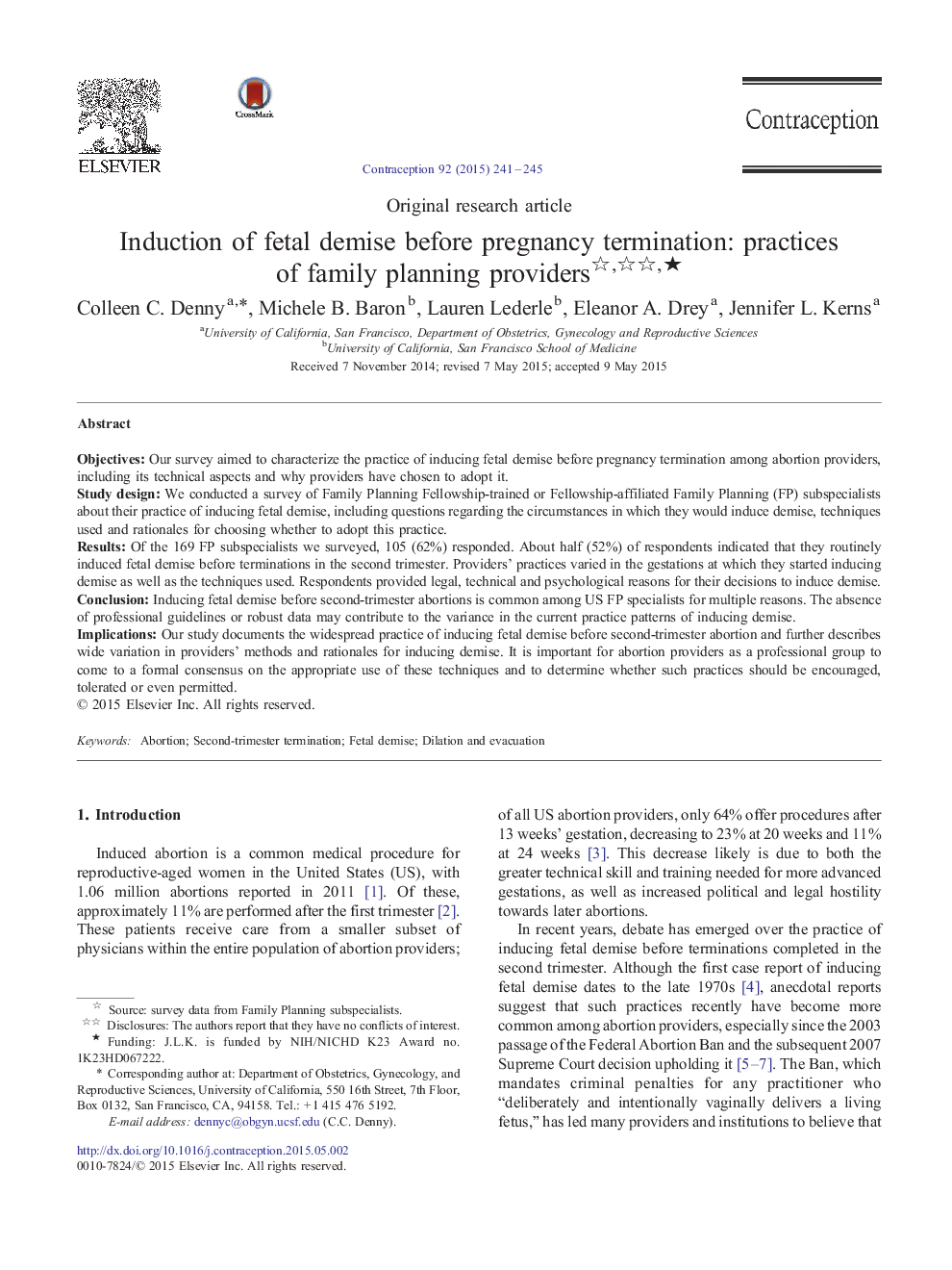 Original research articleInduction of fetal demise before pregnancy termination: practices of family planning providersâ