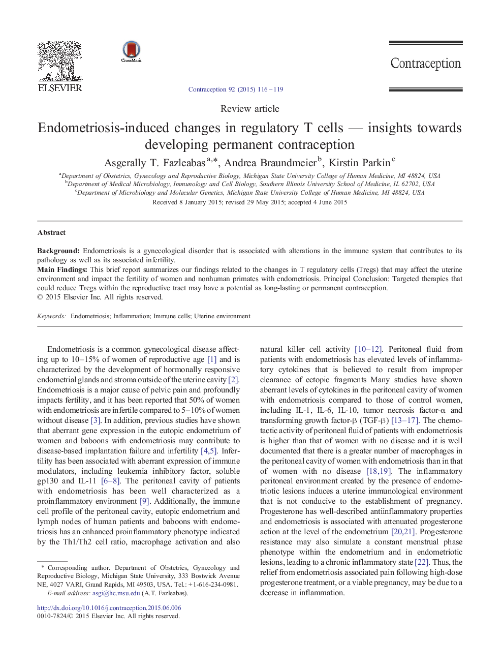 Endometriosis-induced changes in regulatory T cells - insights towards developing permanent contraception