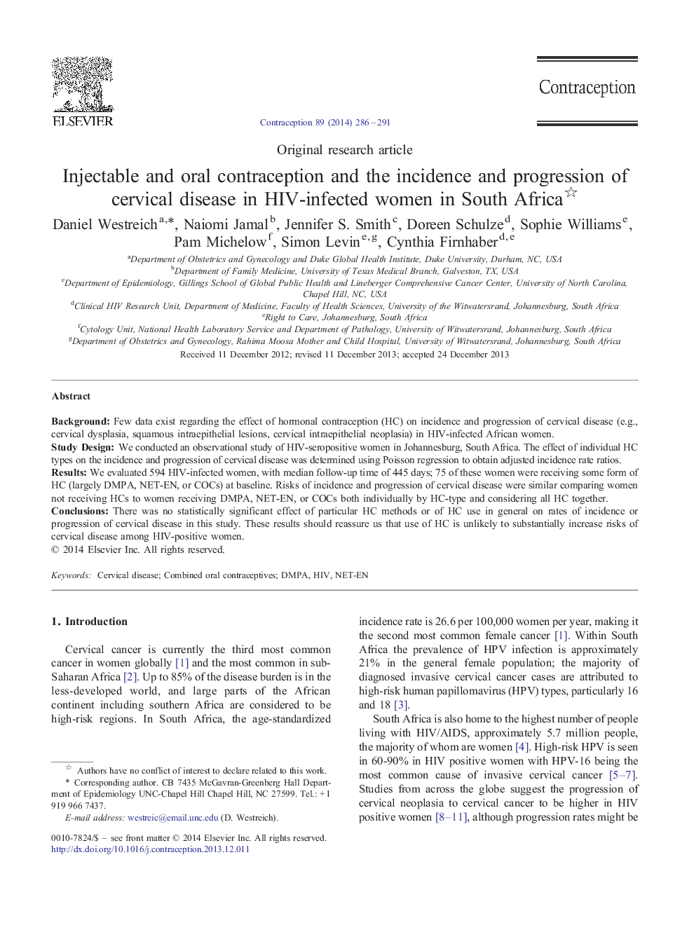 Injectable and oral contraception and the incidence and progression of cervical disease in HIV-infected women in South Africa