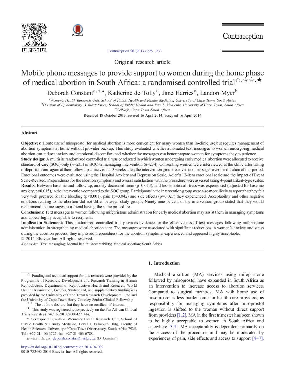 Mobile phone messages to provide support to women during the home phase of medical abortion in South Africa: a randomised controlled trialâ