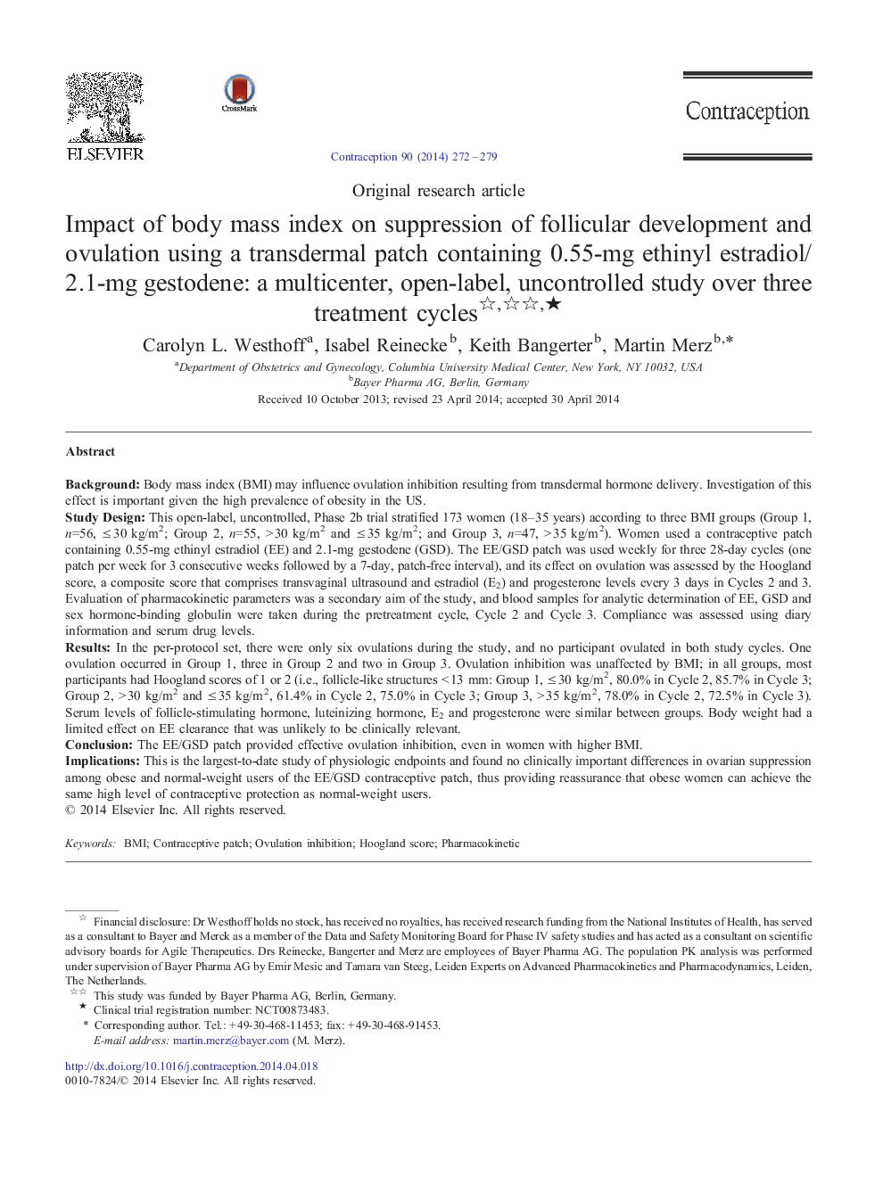 Impact of body mass index on suppression of follicular development and ovulation using a transdermal patch containing 0.55-mg ethinyl estradiol/2.1-mg gestodene: a multicenter, open-label, uncontrolled study over three treatment cyclesâ