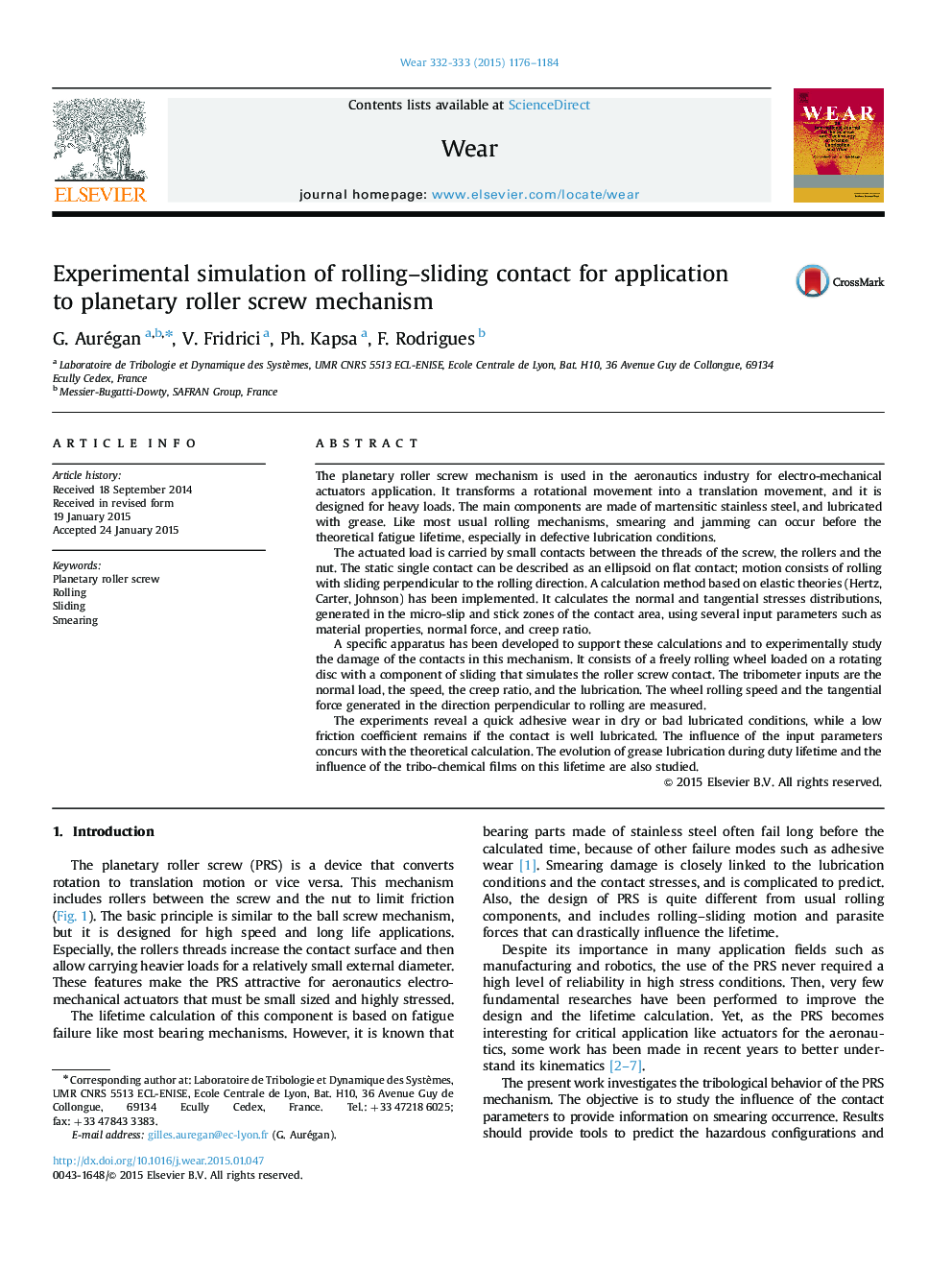 Experimental simulation of rolling–sliding contact for application to planetary roller screw mechanism