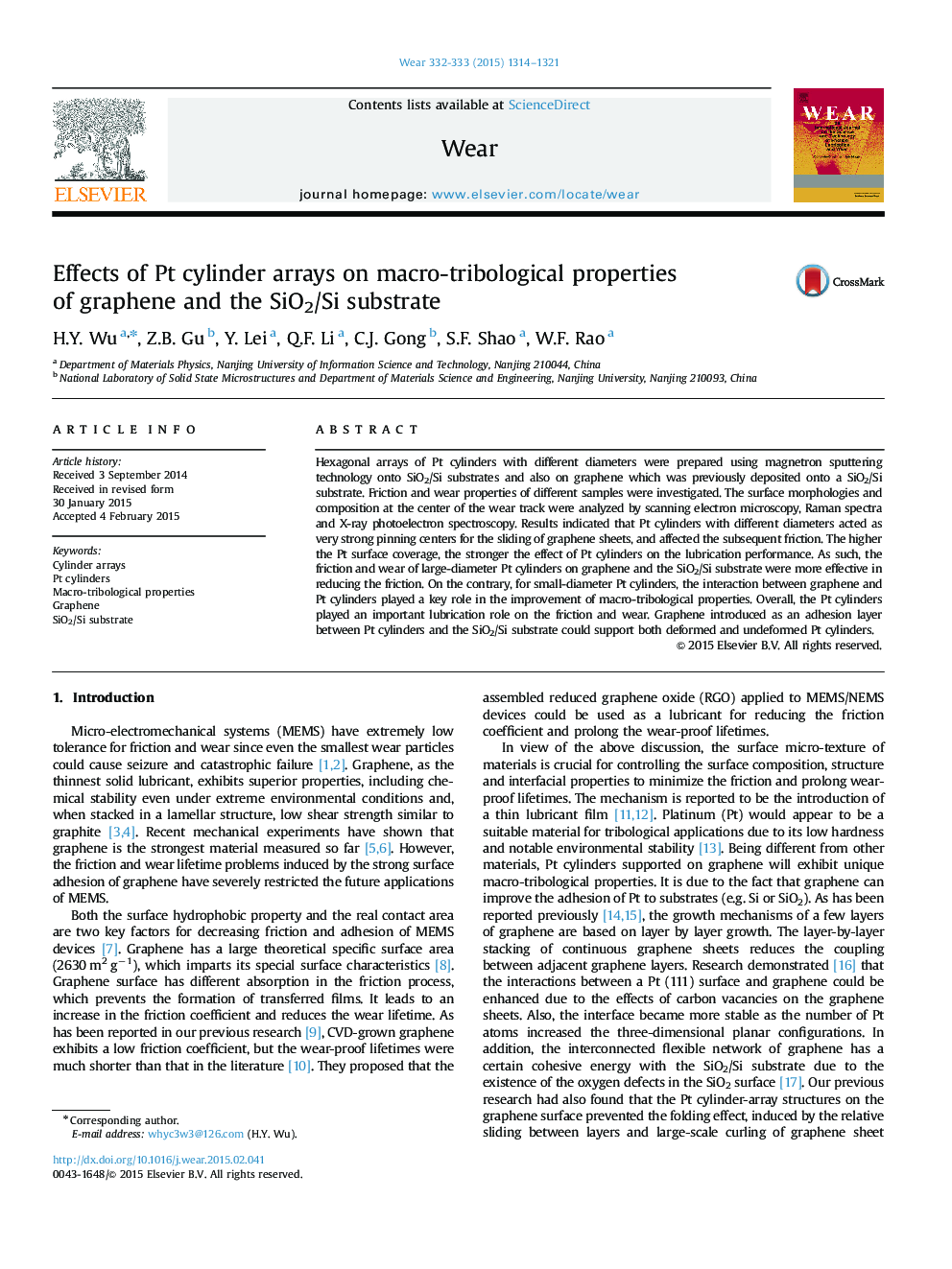 Effects of Pt cylinder arrays on macro-tribological properties of graphene and the SiO2/Si substrate