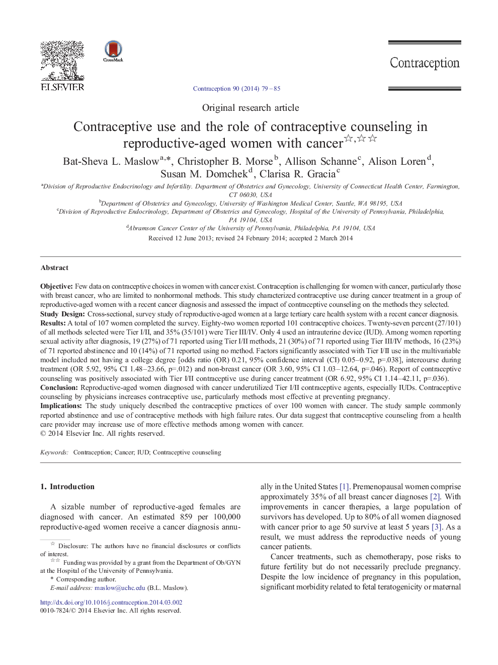 Contraceptive use and the role of contraceptive counseling in reproductive-aged women with cancer