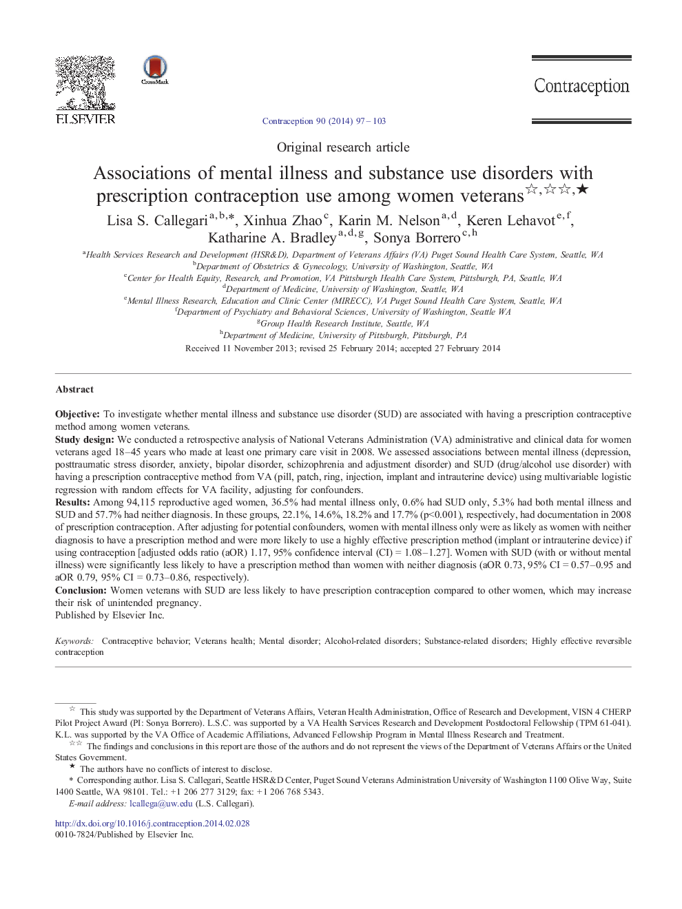 Associations of mental illness and substance use disorders with prescription contraception use among women veterans