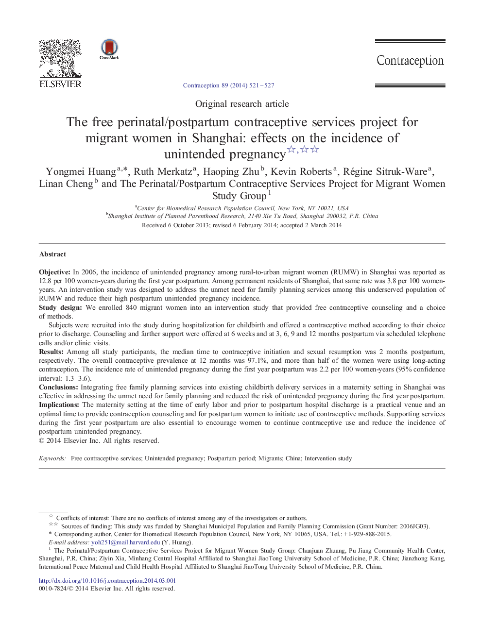 The free perinatal/postpartum contraceptive services project for migrant women in Shanghai: effects on the incidence of unintended pregnancy