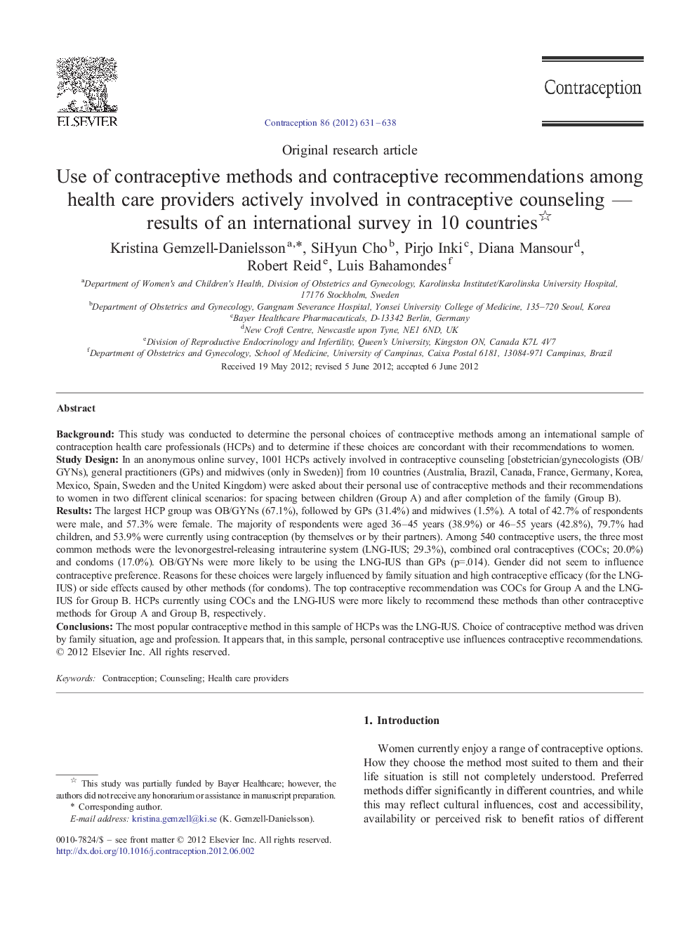 Use of contraceptive methods and contraceptive recommendations among health care providers actively involved in contraceptive counseling - results of an international survey in 10 countries