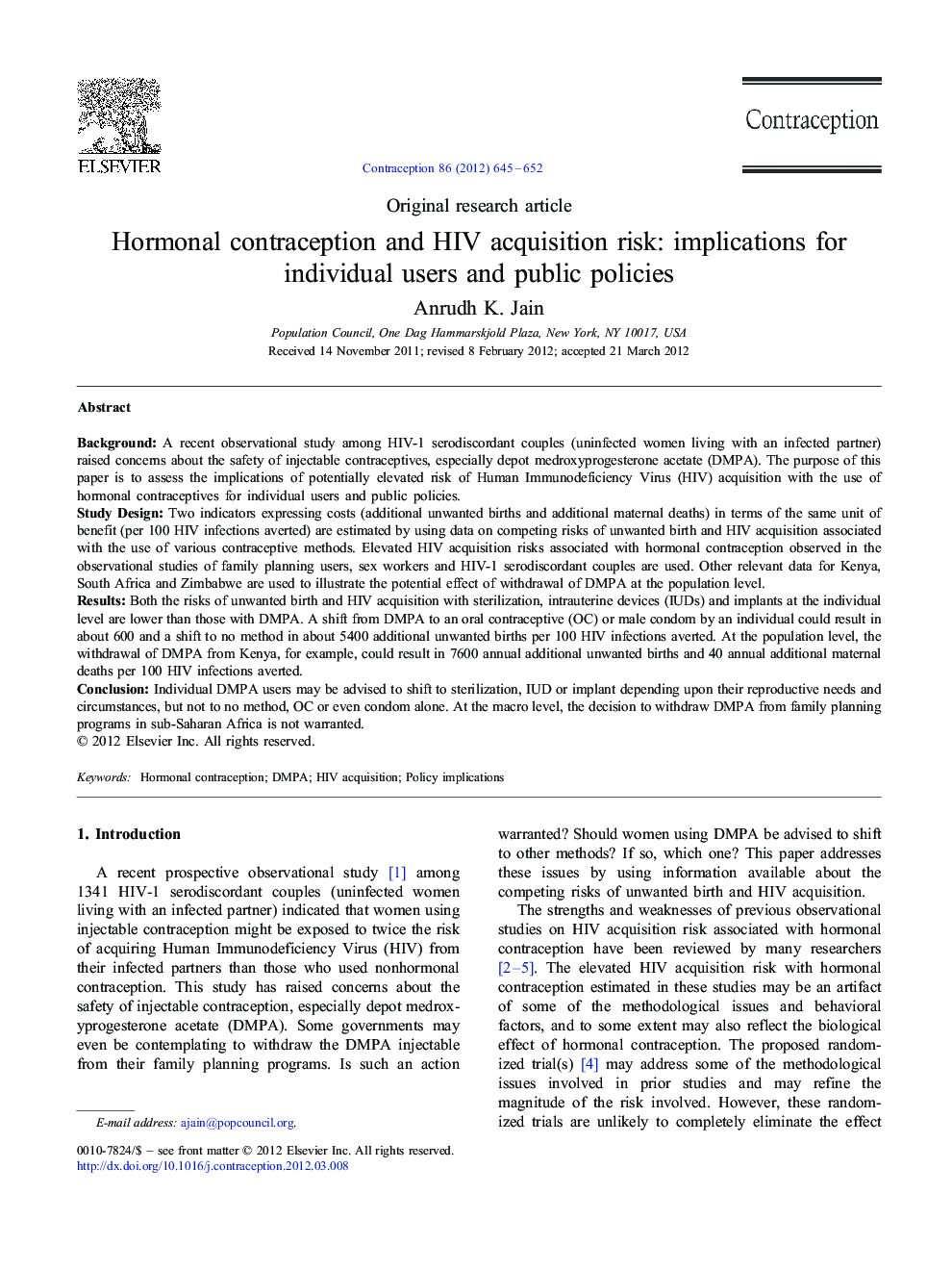 Hormonal contraception and HIV acquisition risk: implications for individual users and public policies