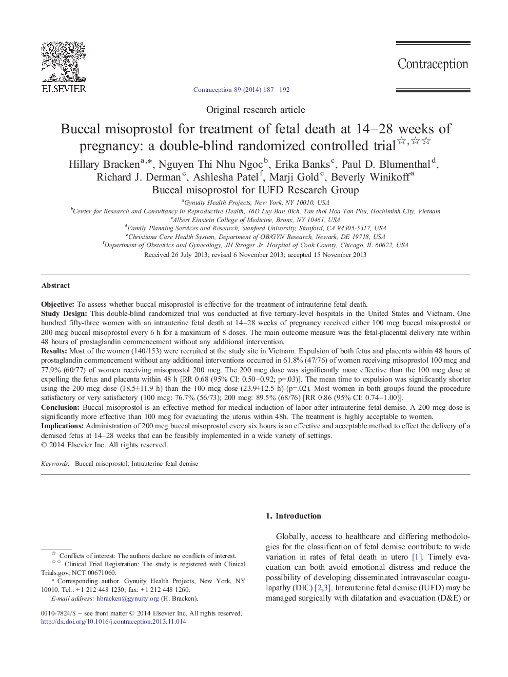 Buccal misoprostol for treatment of fetal death at 14-28 weeks of pregnancy: a double-blind randomized controlled trial