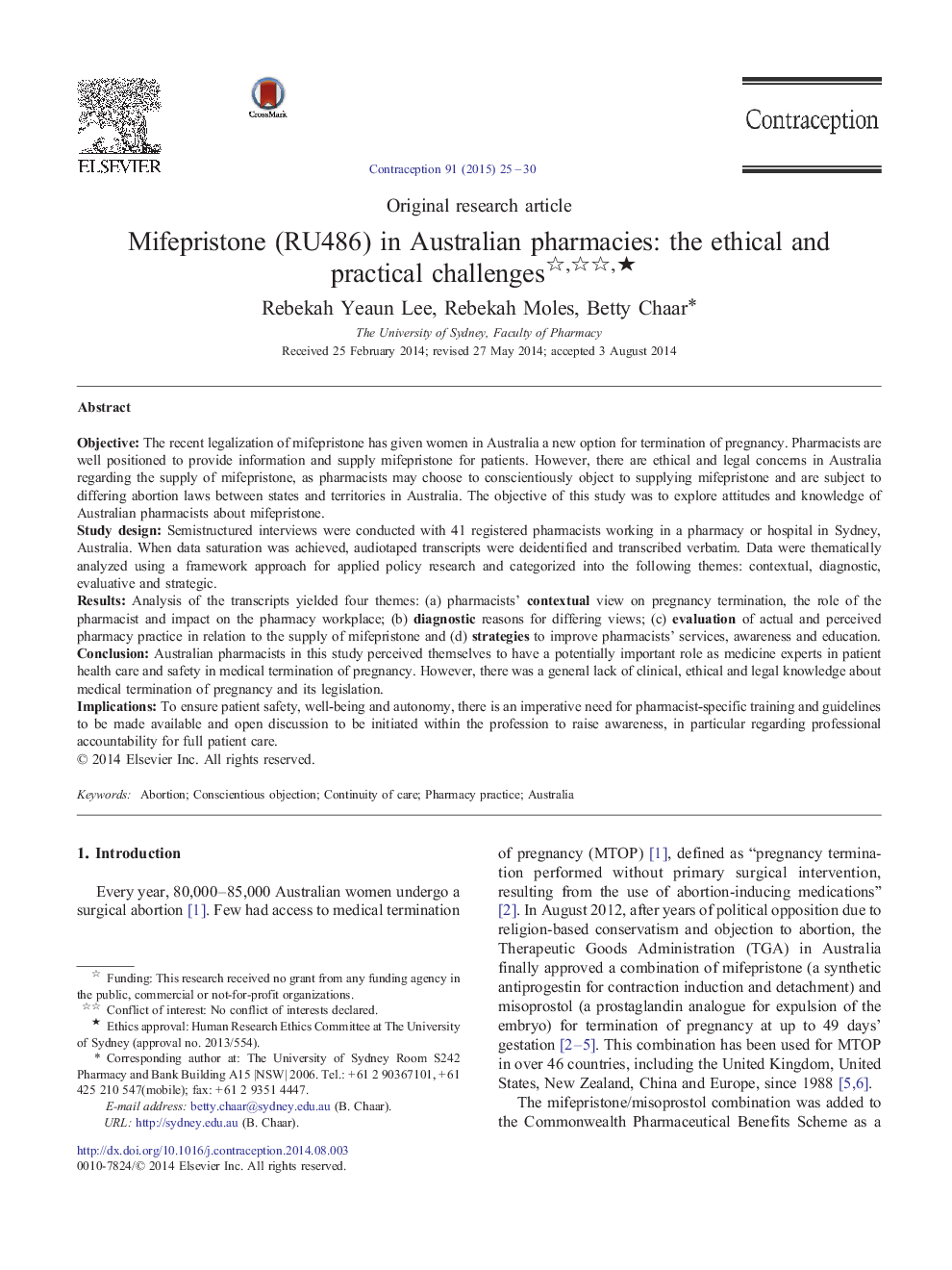 Mifepristone (RU486) in Australian pharmacies: the ethical and practical challenges